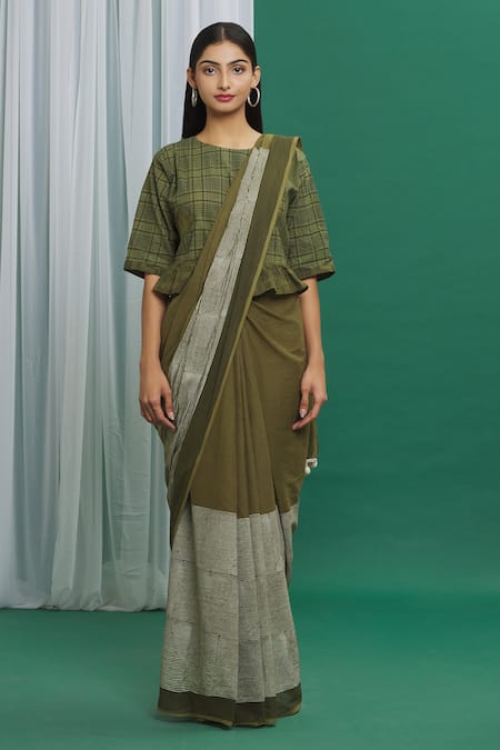 Buy Banana Labs Green Cotton Pom-poms Round Neck Hand Block Print Saree With Crop Top Buy_Banana Labs_Green Cotton Pom-poms Round Neck Hand Block Print Saree With Crop Top