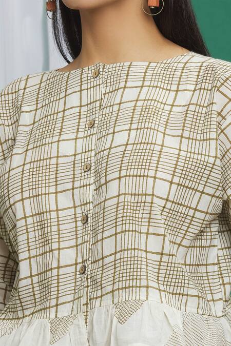 Banana Labs_Brown Cotton Print Check Round Neck Pattern Ruffle Trim Crop Top_at_Aza_Fashions