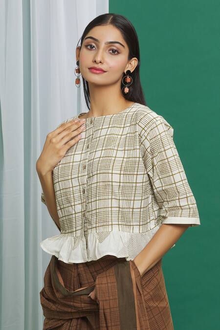 Banana Labs_Brown Cotton Print Check Round Neck Pattern Ruffle Trim Crop Top_Online_at_Aza_Fashions