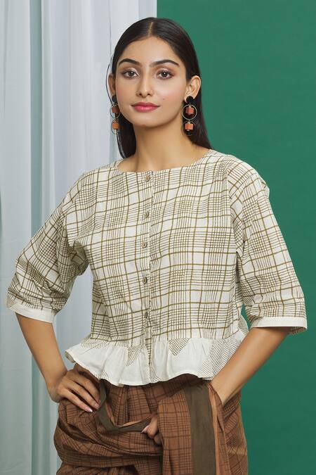 Buy_Banana Labs_Brown Cotton Print Check Round Neck Pattern Ruffle Trim Crop Top_Online_at_Aza_Fashions