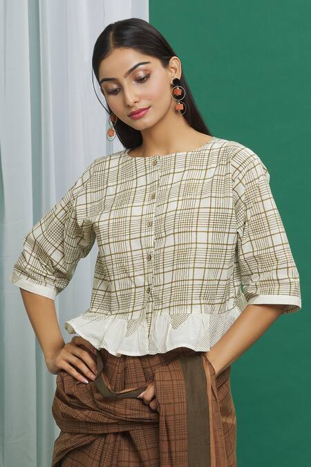 Shop_Banana Labs_Brown Cotton Print Check Round Neck Pattern Ruffle Trim Crop Top_Online_at_Aza_Fashions