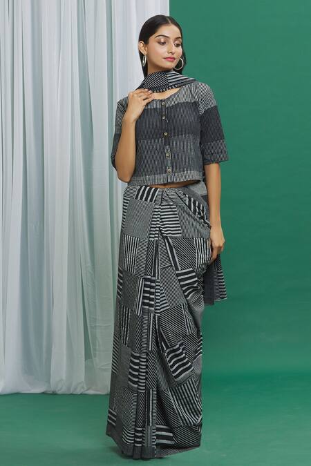 Buy_Banana Labs_Black Cotton Print Stripes Pattern Saree_Online_at_Aza_Fashions