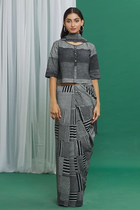 Shop_Banana Labs_Black Cotton Print Stripes Pattern Saree_Online_at_Aza_Fashions