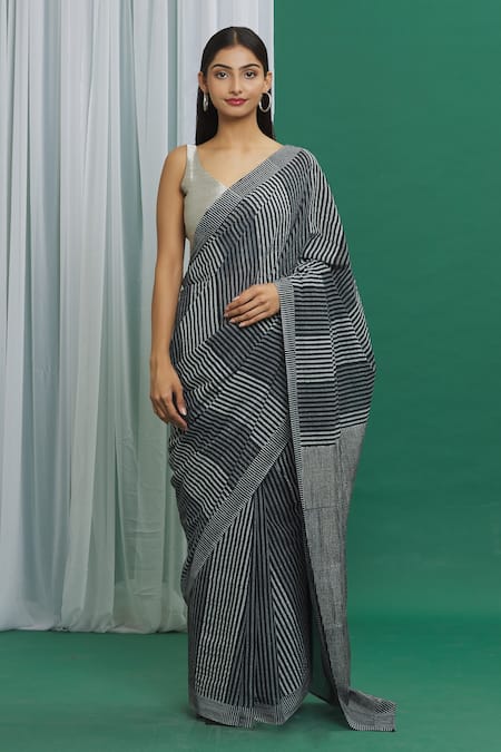 Banana Labs_Black Cotton Printed Hand Block Striped Saree_at_Aza_Fashions