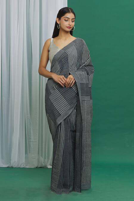 Banana Labs_Black Cotton Printed Hand Block Striped Saree_Online_at_Aza_Fashions