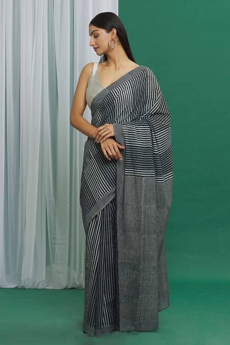 Buy_Banana Labs_Black Cotton Printed Hand Block Striped Saree_Online_at_Aza_Fashions