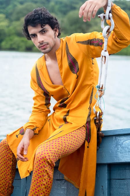 Punit Balana_Yellow Satin, Silk, Cotton Leaf Printed Mustard Kurta And Jogger Pant Set _Online_at_Aza_Fashions