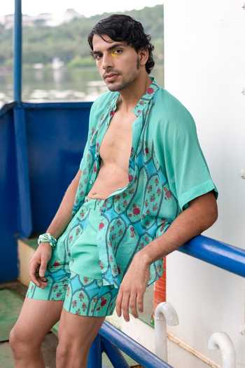 Punit Balana_Blue Cotton Floral Print Shirt _Online_at_Aza_Fashions