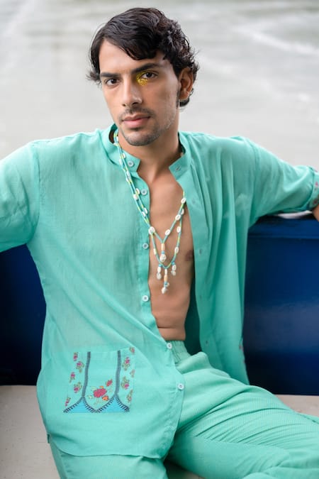 Punit Balana_Blue Cotton Embroidery Solid Shirt _Online_at_Aza_Fashions