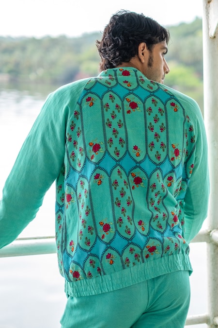 Shop_Punit Balana_Blue Cotton Embroidery Floral Print Jacket _at_Aza_Fashions