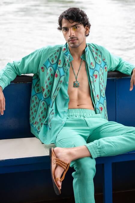 Punit Balana_Blue Cotton Embroidery Floral Print Jacket _Online_at_Aza_Fashions