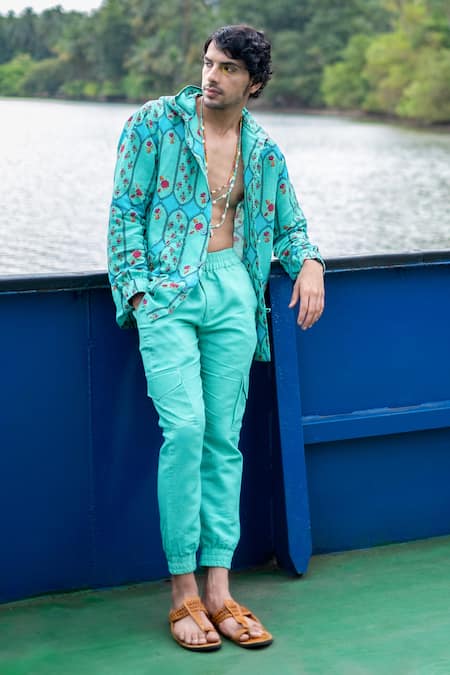 Shop_Punit Balana_Blue Cotton Embroidery Turquoise Floral Print Hoodie _at_Aza_Fashions