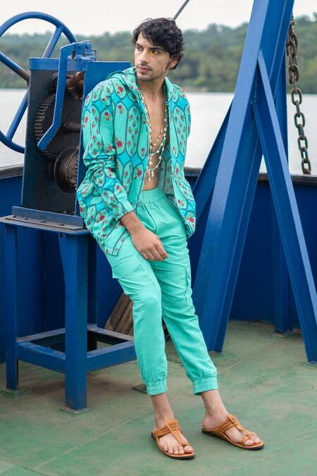 Punit Balana_Blue Cotton Embroidery Turquoise Floral Print Hoodie _Online_at_Aza_Fashions