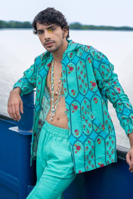 Buy_Punit Balana_Blue Cotton Embroidery Turquoise Floral Print Hoodie _Online_at_Aza_Fashions