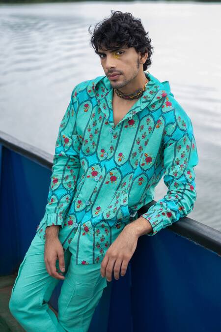 Shop_Punit Balana_Blue Cotton Embroidery Turquoise Floral Print Hoodie _Online_at_Aza_Fashions