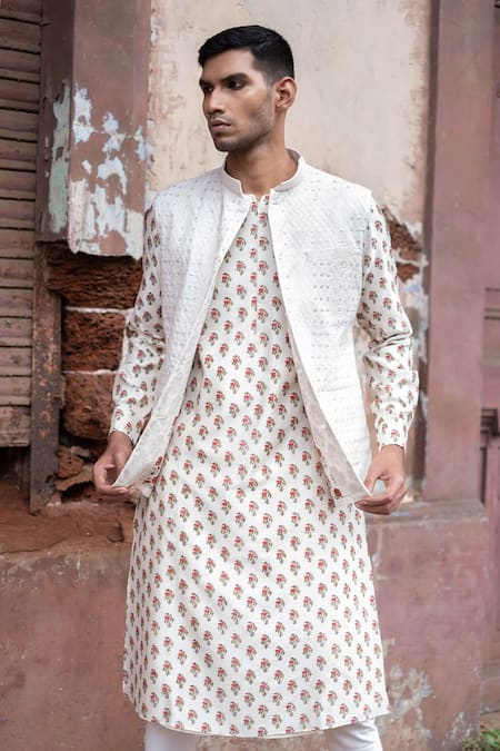 Punit Balana Floral Printed Kurta Set with Embroidered Bundi 