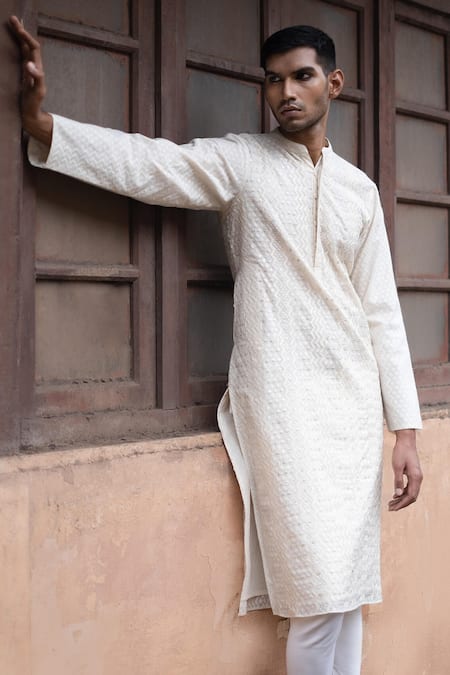 Shop Punit Balana White Chanderi Silk Embroidery Kurta And Pant Set Online at Aza Fashions Shop_Punit Balana_White Chanderi Silk Embroidery Kurta And Pant Set _Online_at_Aza_Fashions