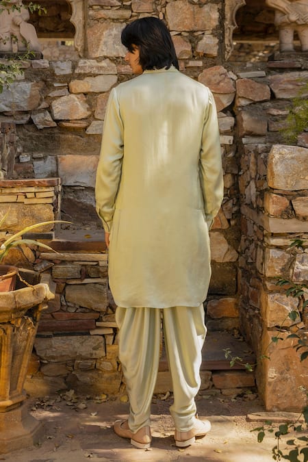 Shop Punit Balana Green Satin, Silk Embroidery Solid Kurta With Dhoti Pant at Aza Fashions Shop_Punit Balana_Green Satin, Silk Embroidery Solid Kurta With Dhoti Pant _at_Aza_Fashions