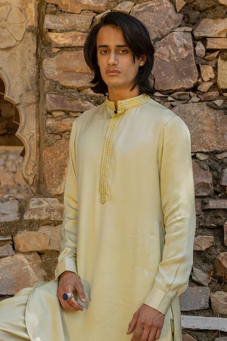 Punit Balana Green Satin, Silk Embroidery Solid Kurta With Dhoti Pant Online at Aza Fashions Punit Balana_Green Satin, Silk Embroidery Solid Kurta With Dhoti Pant _Online_at_Aza_Fashions