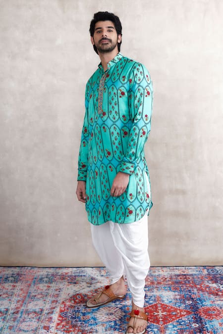 Shop Punit Balana Blue Satin, Silk Embroidery Floral Print Kurta With Cowl Pant at Aza Fashions Shop_Punit Balana_Blue Satin, Silk Embroidery Floral Print Kurta With Cowl Pant _at_Aza_Fashions