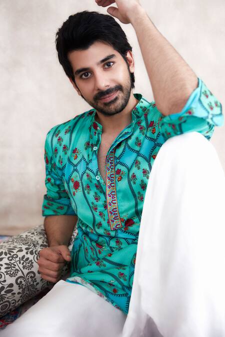 Buy Punit Balana Blue Satin, Silk Embroidery Floral Print Kurta With Cowl Pant Online at Aza Fashions Buy_Punit Balana_Blue Satin, Silk Embroidery Floral Print Kurta With Cowl Pant _Online_at_Aza_Fashions