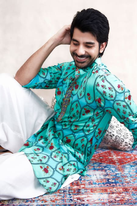 Shop Punit Balana Blue Satin, Silk Embroidery Floral Print Kurta With Cowl Pant Online at Aza Fashions Shop_Punit Balana_Blue Satin, Silk Embroidery Floral Print Kurta With Cowl Pant _Online_at_Aza_Fashions