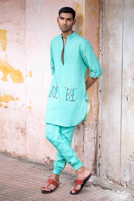 Punit Balana Blue Chanderi Silk Embroidery Kurta With Joggers Online at Aza Fashions Punit Balana_Blue Chanderi Silk Embroidery Kurta With Joggers _Online_at_Aza_Fashions