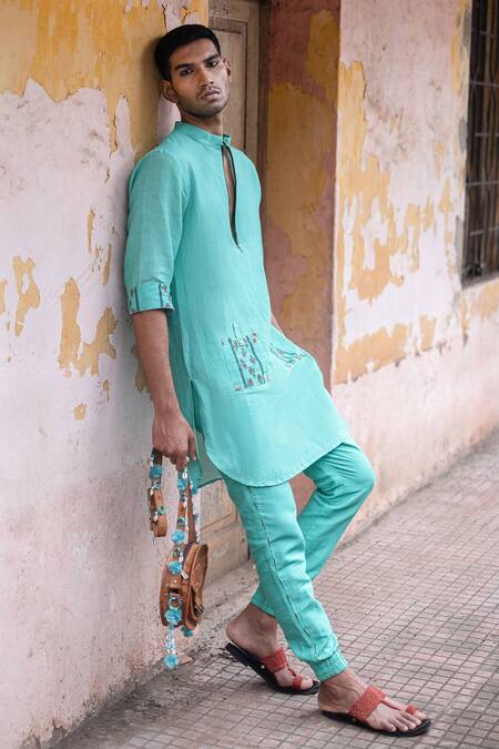 Buy Punit Balana Blue Chanderi Silk Embroidery Kurta With Joggers Online at Aza Fashions Buy_Punit Balana_Blue Chanderi Silk Embroidery Kurta With Joggers _Online_at_Aza_Fashions