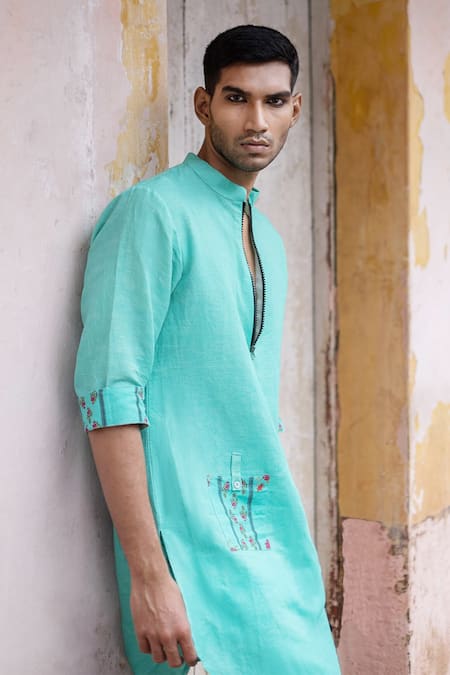 Shop Punit Balana Blue Chanderi Silk Embroidery Kurta With Joggers Online at Aza Fashions Shop_Punit Balana_Blue Chanderi Silk Embroidery Kurta With Joggers _Online_at_Aza_Fashions