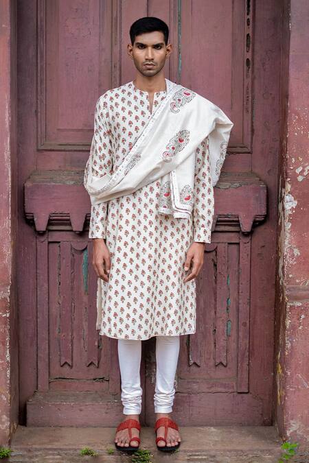 Buy_Punit Balana_White Silk, Chanderi Embroidery Block Print Kurta Churidar Set _Online_at_Aza_Fashions