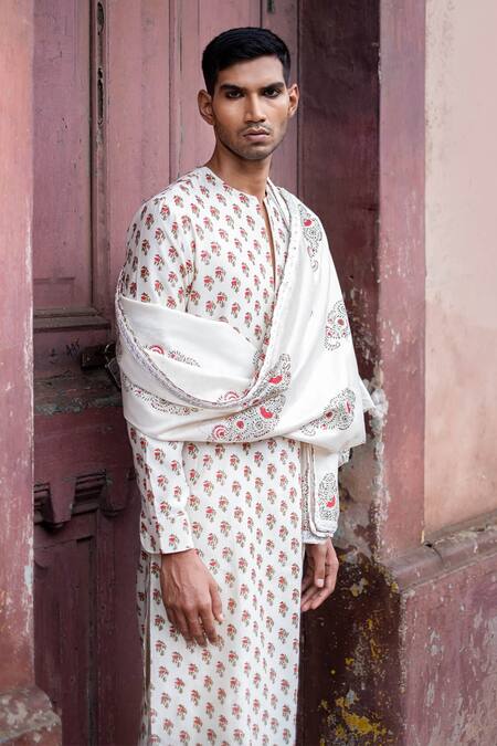 Shop_Punit Balana_White Silk, Chanderi Embroidery Block Print Kurta Churidar Set _Online_at_Aza_Fashions