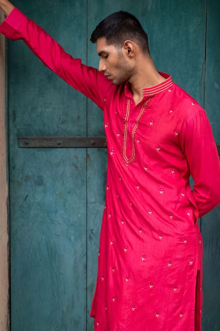 Punit Balana Red Chanderi Silk Embroidery Resham Kurta With Churidar Online at Aza Fashions Punit Balana_Red Chanderi Silk Embroidery Resham Kurta With Churidar _Online_at_Aza_Fashions