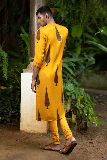 Shop Punit Balana Yellow Satin, Silk Mirrors Foliage Print Kurta With Churidar at Aza Fashions Shop_Punit Balana_Yellow Satin, Silk Mirrors Foliage Print Kurta With Churidar _at_Aza_Fashions