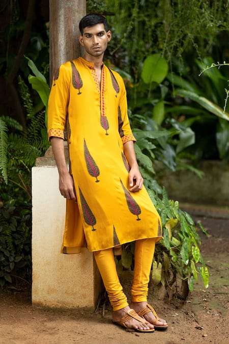 Punit Balana Yellow Satin, Silk Mirrors Foliage Print Kurta With Churidar Online at Aza Fashions Punit Balana_Yellow Satin, Silk Mirrors Foliage Print Kurta With Churidar _Online_at_Aza_Fashions