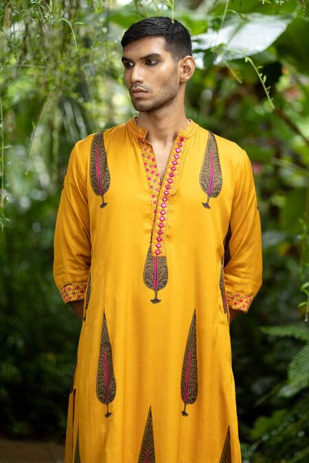 Buy Punit Balana Yellow Satin, Silk Mirrors Foliage Print Kurta With Churidar Online at Aza Fashions Buy_Punit Balana_Yellow Satin, Silk Mirrors Foliage Print Kurta With Churidar _Online_at_Aza_Fashions