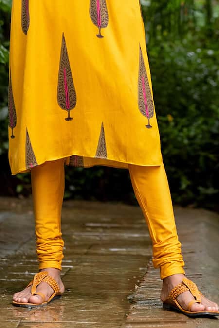 Shop Punit Balana Yellow Satin, Silk Mirrors Foliage Print Kurta With Churidar Online at Aza Fashions Shop_Punit Balana_Yellow Satin, Silk Mirrors Foliage Print Kurta With Churidar _Online_at_Aza_Fashions