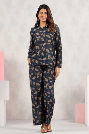 Bairaas_Blue Muslin Printed Dayflower Collar Shirt And Pant Set_Online_at_Aza_Fashions