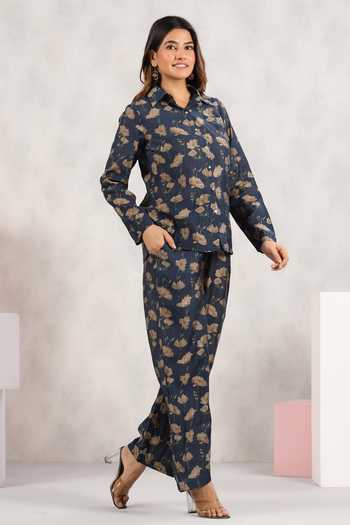 Buy_Bairaas_Blue Muslin Printed Dayflower Collar Shirt And Pant Set_Online_at_Aza_Fashions