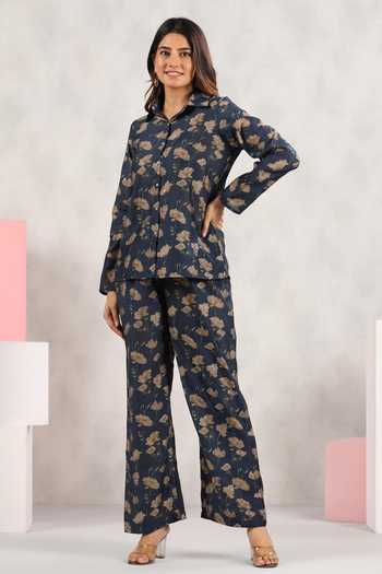Shop_Bairaas_Blue Muslin Printed Dayflower Collar Shirt And Pant Set_Online_at_Aza_Fashions