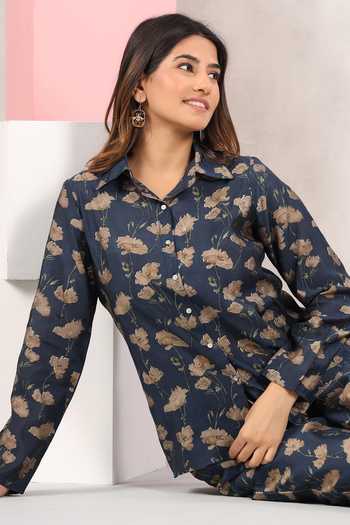Bairaas_Blue Muslin Printed Dayflower Collar Shirt And Pant Set_at_Aza_Fashions
