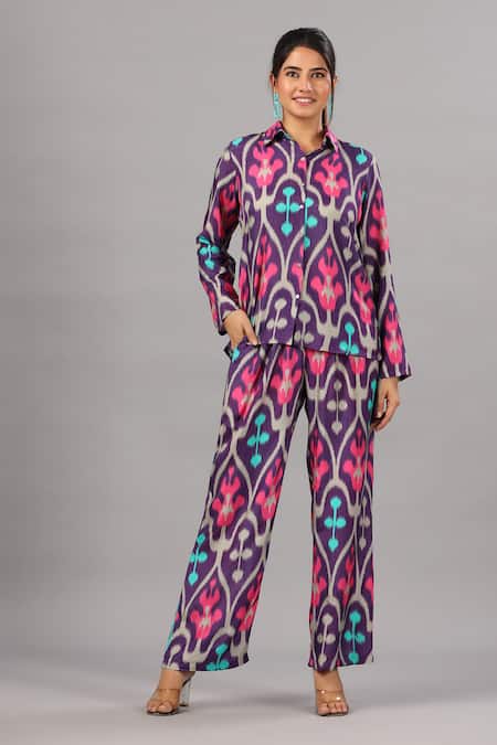 Bairaas_Purple Muslin Printed Flower Shirt Collar Pattern And Pant Set_Online_at_Aza_Fashions