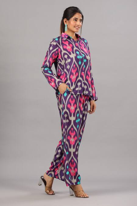 Buy_Bairaas_Purple Muslin Printed Flower Shirt Collar Pattern And Pant Set_Online_at_Aza_Fashions