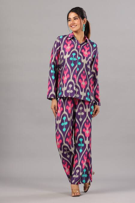 Shop_Bairaas_Purple Muslin Printed Flower Shirt Collar Pattern And Pant Set_Online_at_Aza_Fashions