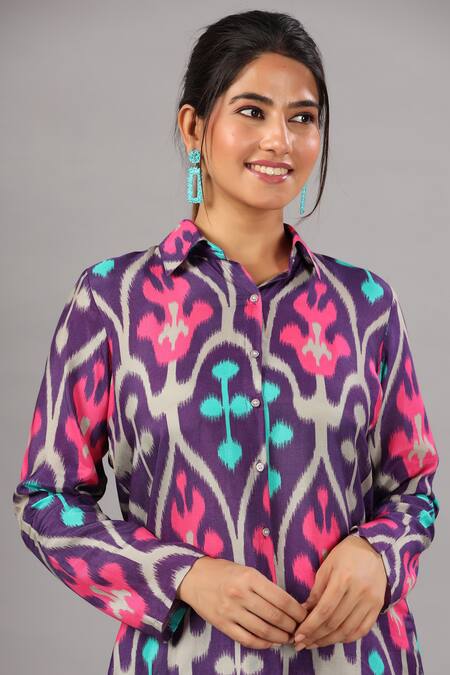 Bairaas_Purple Muslin Printed Flower Shirt Collar Pattern And Pant Set_at_Aza_Fashions