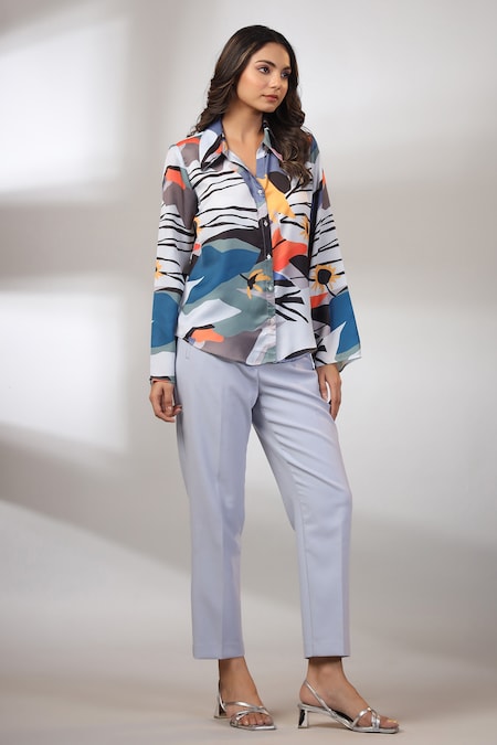 BAIRAAS White Silk Printed Abstract Shirt Collar Blazed Pattern