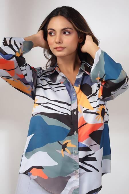 Shop_Bairaas_White Silk Printed Abstract Shirt Collar Blazed Pattern_Online_at_Aza_Fashions
