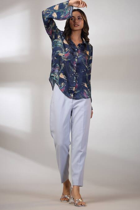 Bairaas_Blue Silk Printed Abstract Shirt Collar Pattern_Online_at_Aza_Fashions