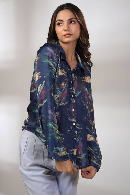 Buy_Bairaas_Blue Silk Printed Abstract Shirt Collar Pattern_Online_at_Aza_Fashions