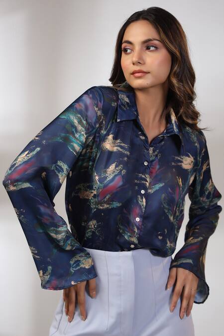 Bairaas_Blue Silk Printed Abstract Shirt Collar Pattern_at_Aza_Fashions