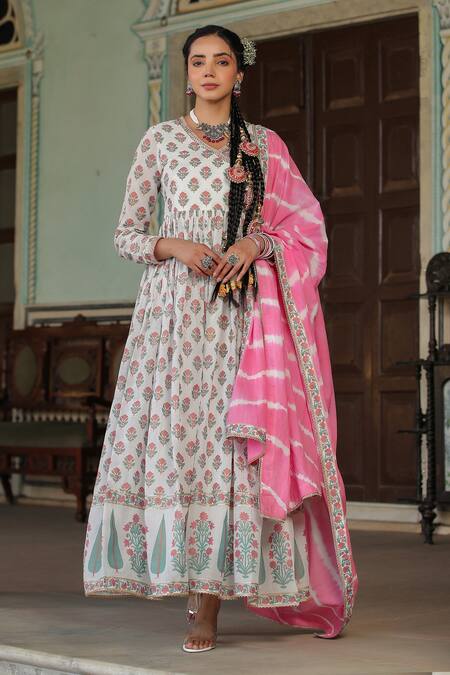 Bairaas_Pink Mul Cotton Printed Mughal V Neck Block Anarkali With Dupatta_Online_at_Aza_Fashions